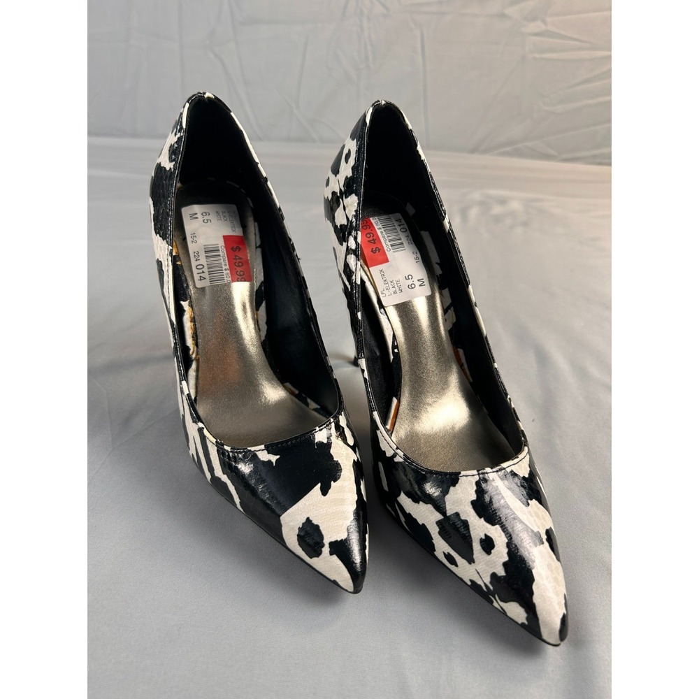 Women Heels Pumps Size 6.5 Black White Abstract Pointed Toe Stiletto Chic